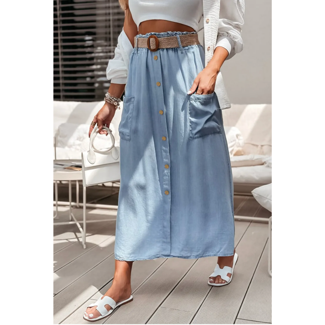 Strolling Through Blue Skies, Light Chambray Midi Skirt