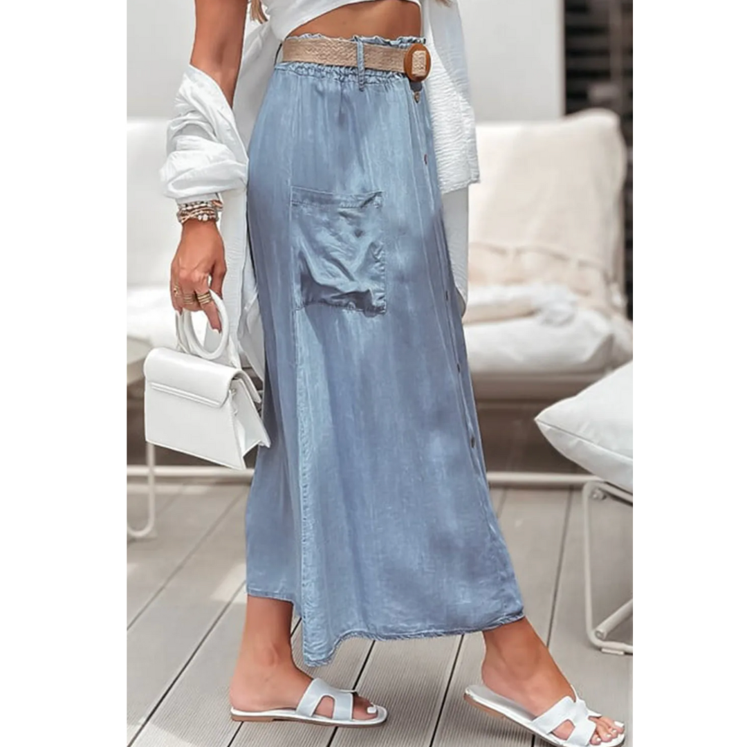 Strolling Through Blue Skies, Light Chambray Midi Skirt