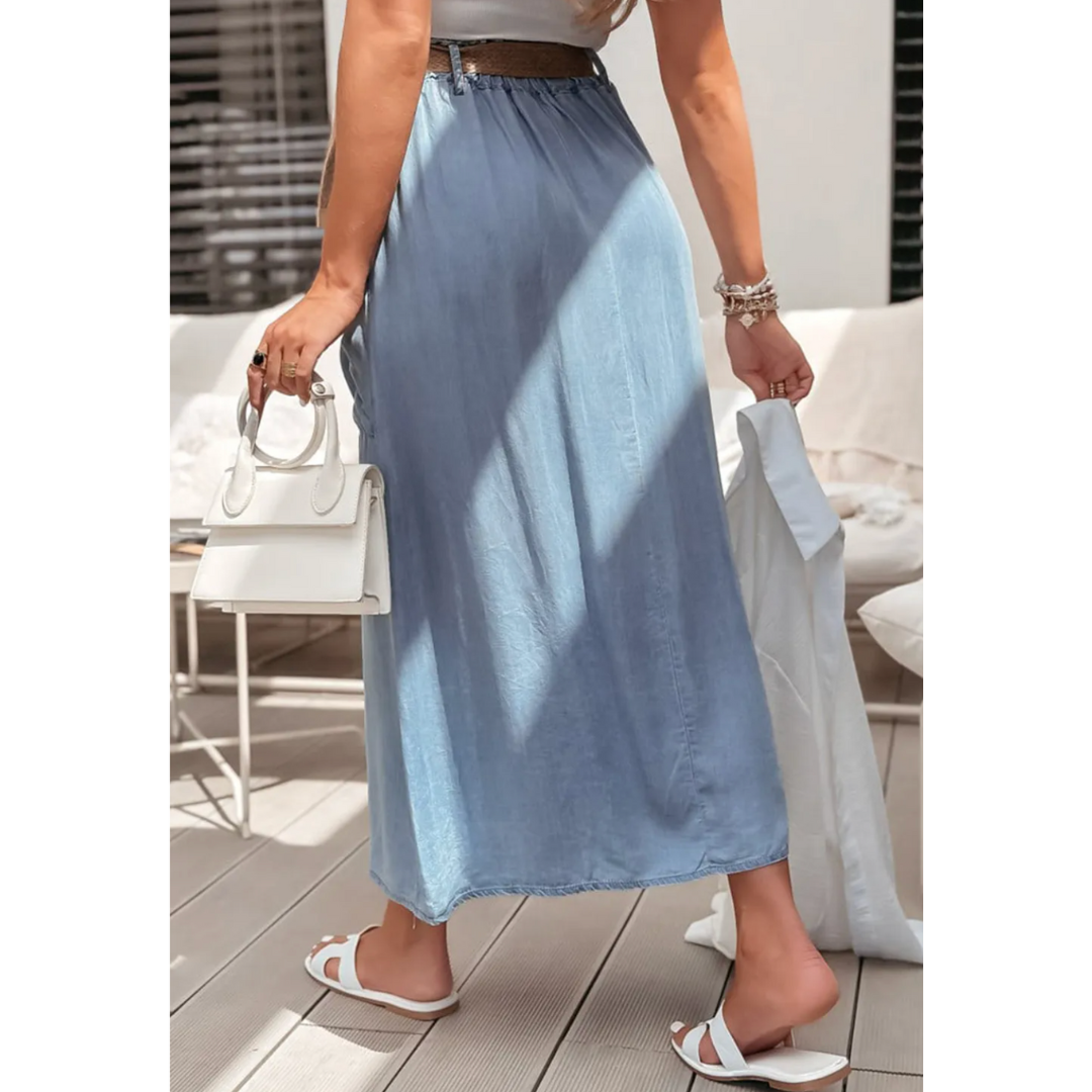Strolling Through Blue Skies, Light Chambray Midi Skirt