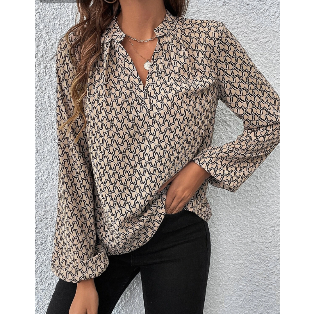 Can't Go Wrong, Long Sleeve Geometric Print V Neck Blouse