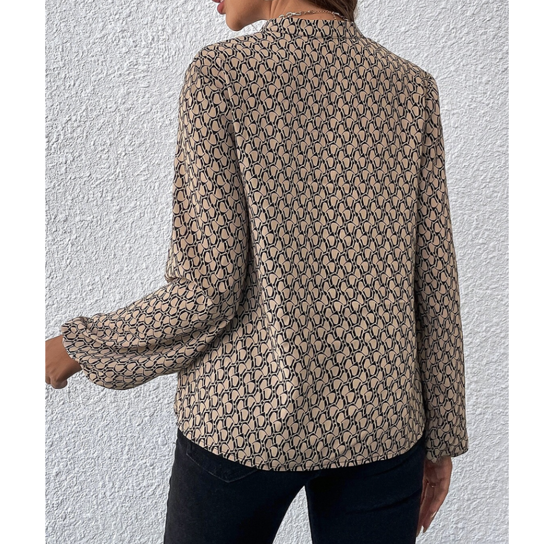 Can't Go Wrong, Long Sleeve Geometric Print V Neck Blouse