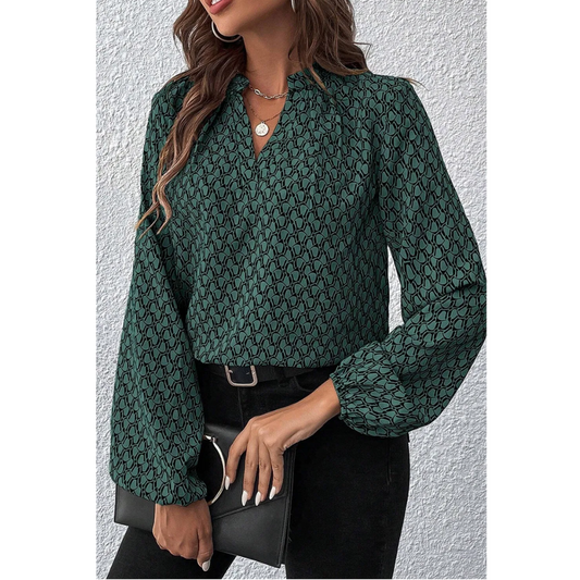 Can't Go Wrong, Long Sleeve Geometric Print V Neck Blouse