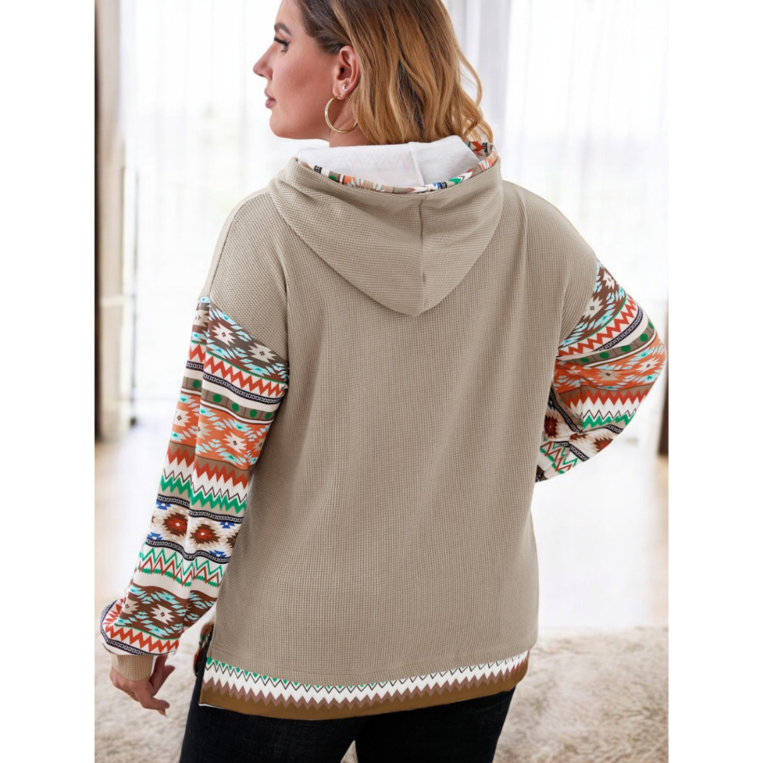 In the Details,  Plus Size Aztec Long Sleeve Hoodie Pullover