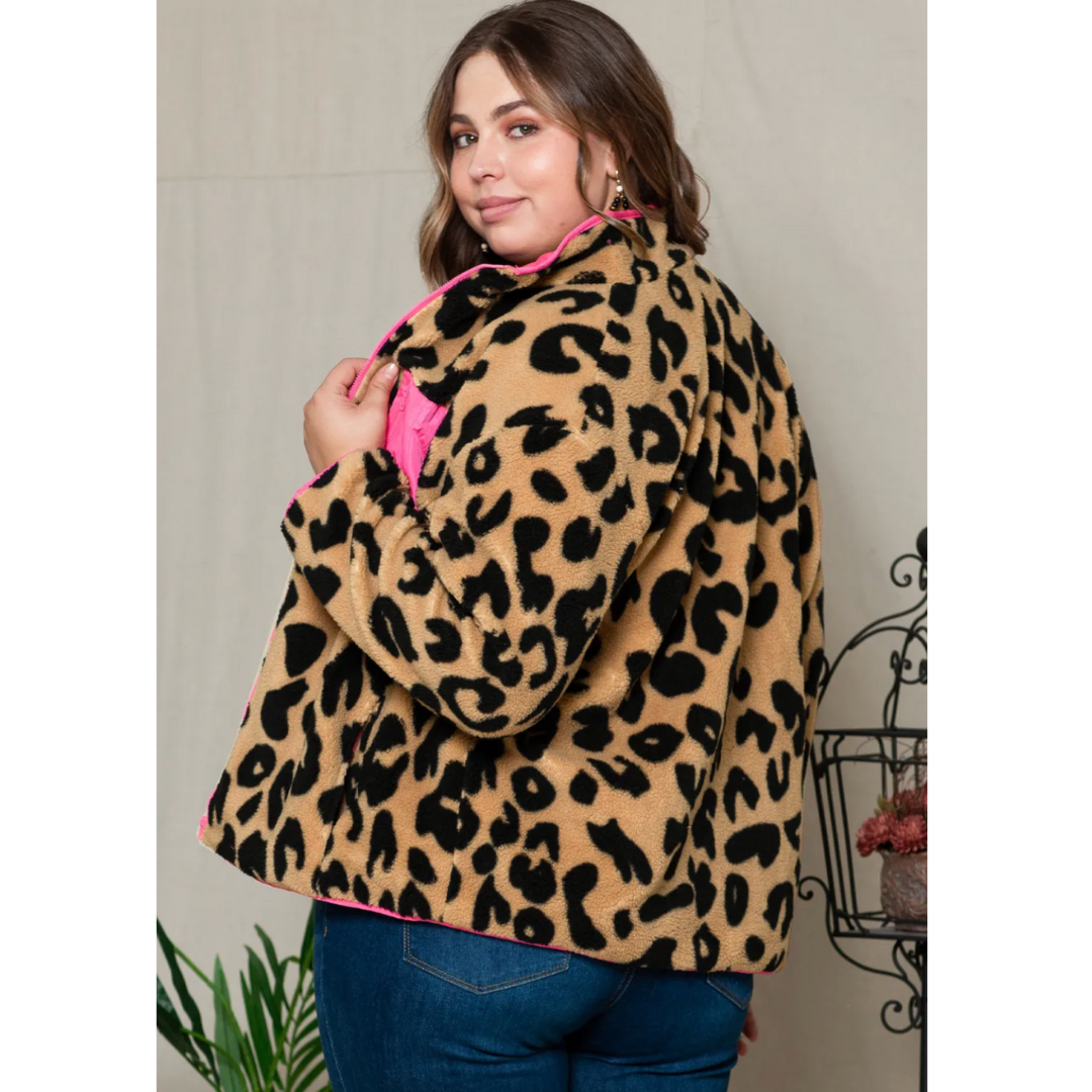 Spunky and Fun, Long Sleeve Leopard and Pink Colorblock Sherpa Jacket