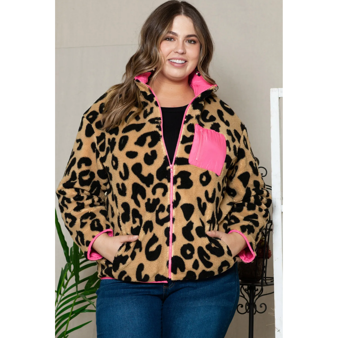 Spunky and Fun, Long Sleeve Leopard and Pink Colorblock Sherpa Jacket