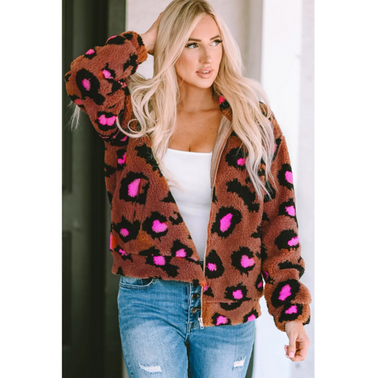 Spunky Side Up, Long Sleeve Leopard and Pink Colorblock Sherpa Jacket