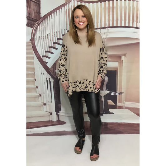 In Theory, Long Sleeve Leopard Colorblock Sweater Tunic