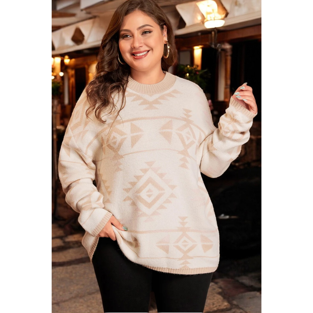 Look The Part, Long Sleeve Geometric Print Sweater (1X-4X)