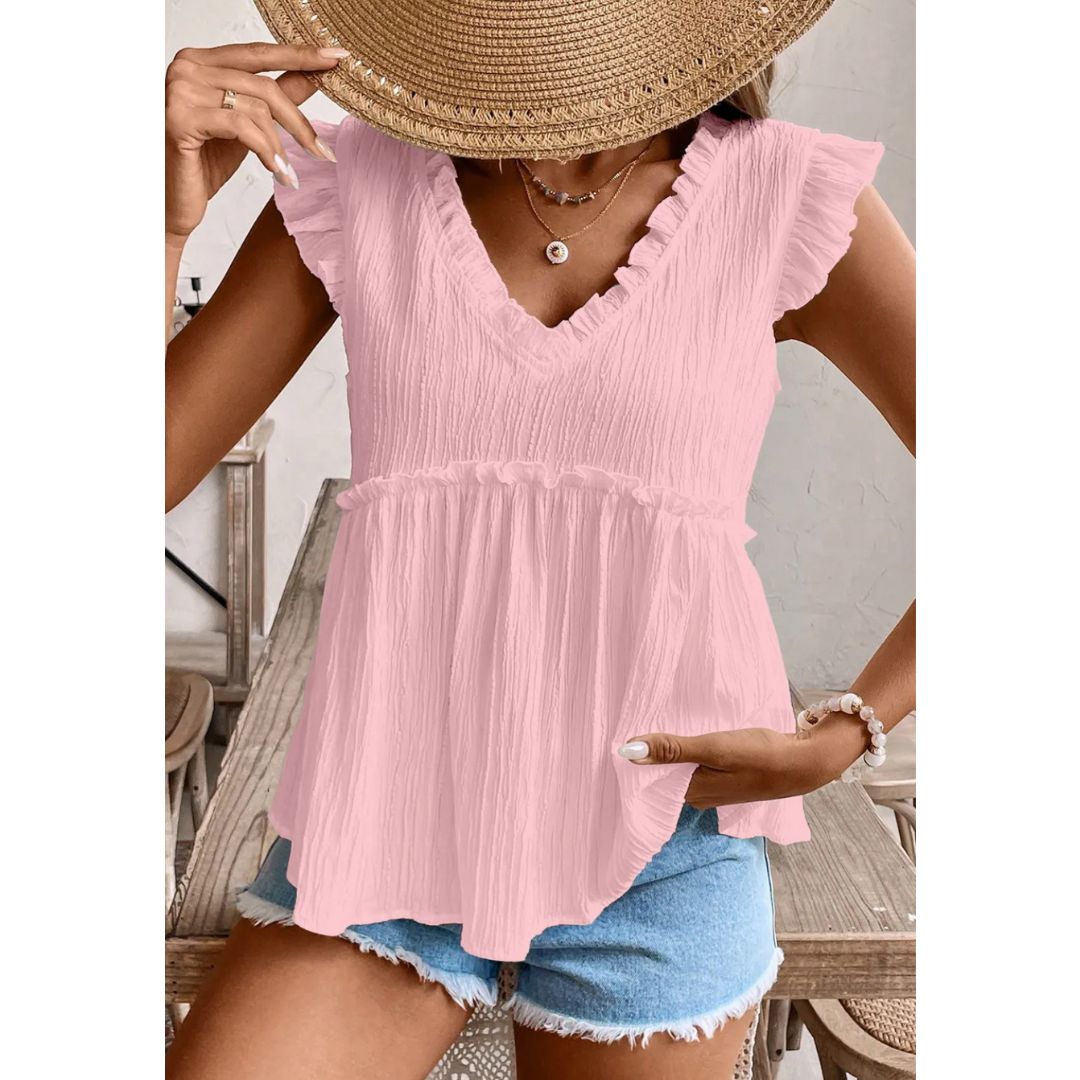 Pretty Perfection, Short Ruffle Sleeve V Neck Babydoll Top