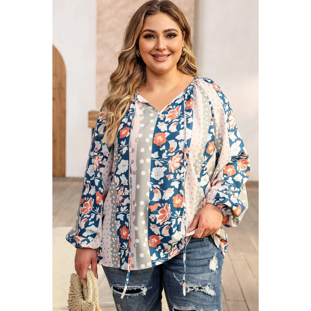 Stay In The Lead,  Multicolor Plus Size Mixed Print Split Neck Blouse (1X-3X)