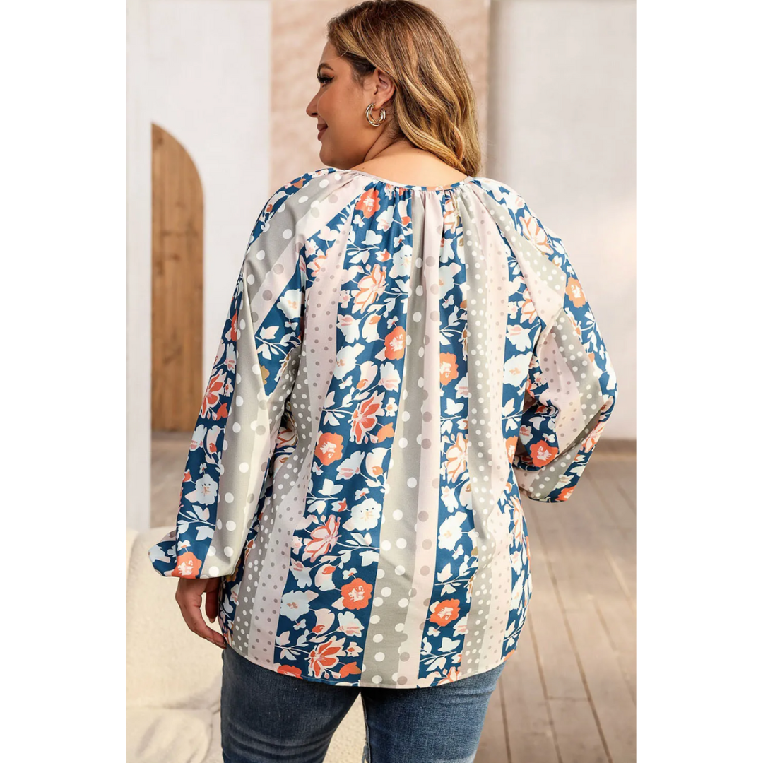 Stay In The Lead,  Multicolor Plus Size Mixed Print Split Neck Blouse (1X-3X)