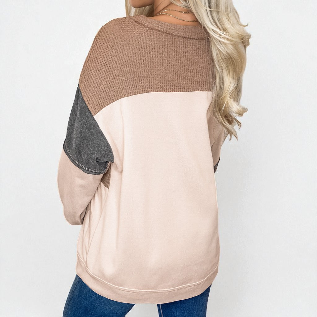 Cozy Colorblock Charm, Button Neck Waffle Knit Top