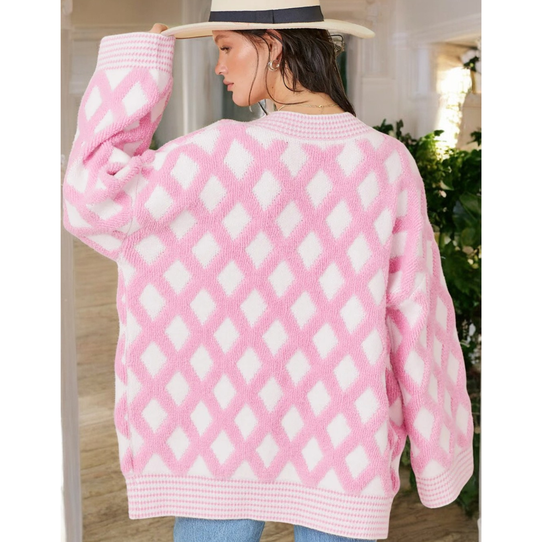 Pretty In Pink, Rhombus Pattern Knit Open Front Pocketed Cardigan