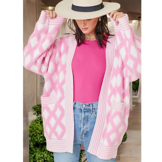 Pretty In Pink, Rhombus Pattern Knit Open Front Pocketed Cardigan