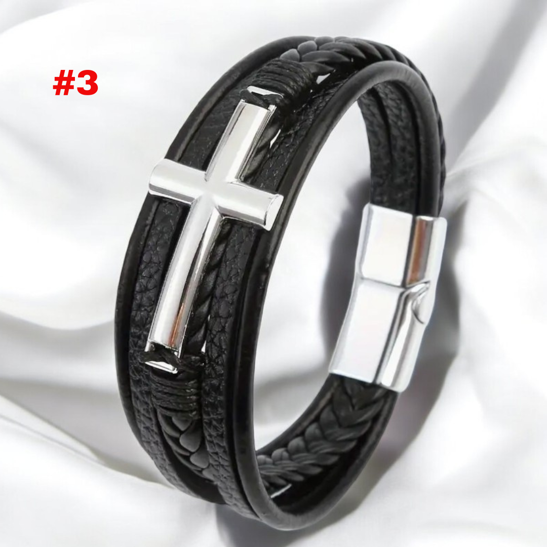 Mens Leather Cross Bracelet