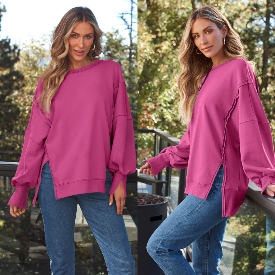 Cozy Habits, Long Sleeve Oversize Pullover with Side Slits