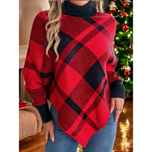 Hello Ms. Clause, Long Sleeve Turtle Neck Plaid Poncho