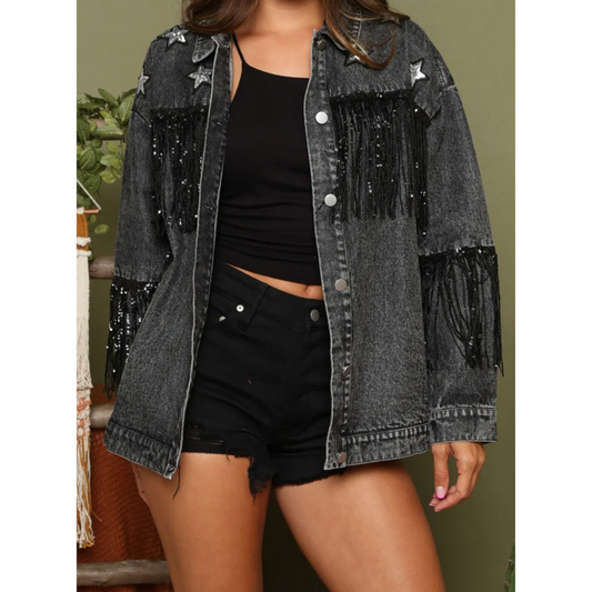 Starry Nights Sequin Fringe Denim Jacket