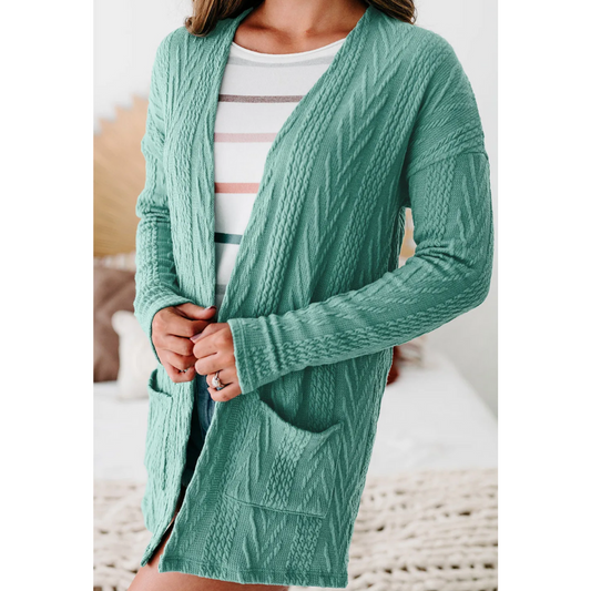 All Is Good, Long Sleeve Cable Knit Light Weight Cardigan with Pockets
