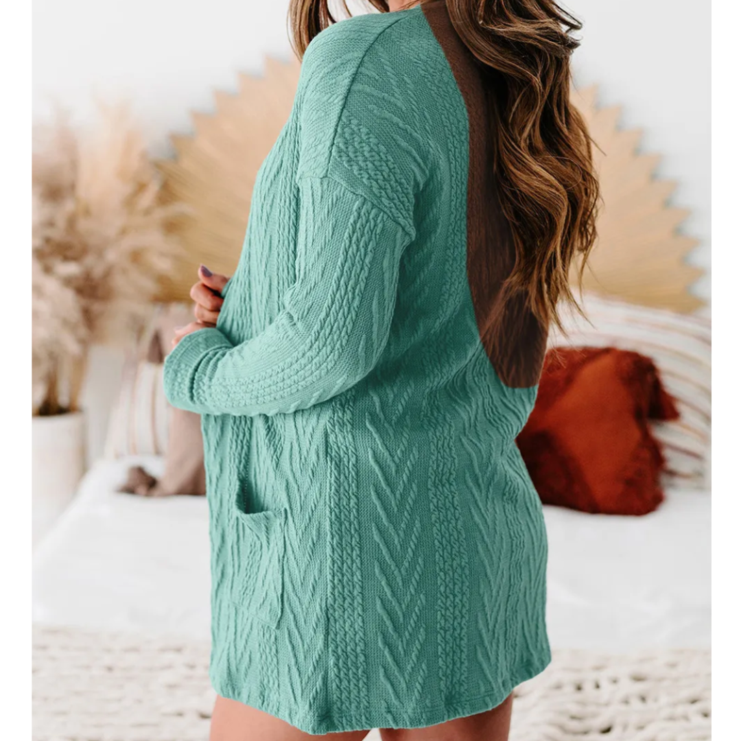 All Is Good, Long Sleeve Cable Knit Light Weight Cardigan with Pockets