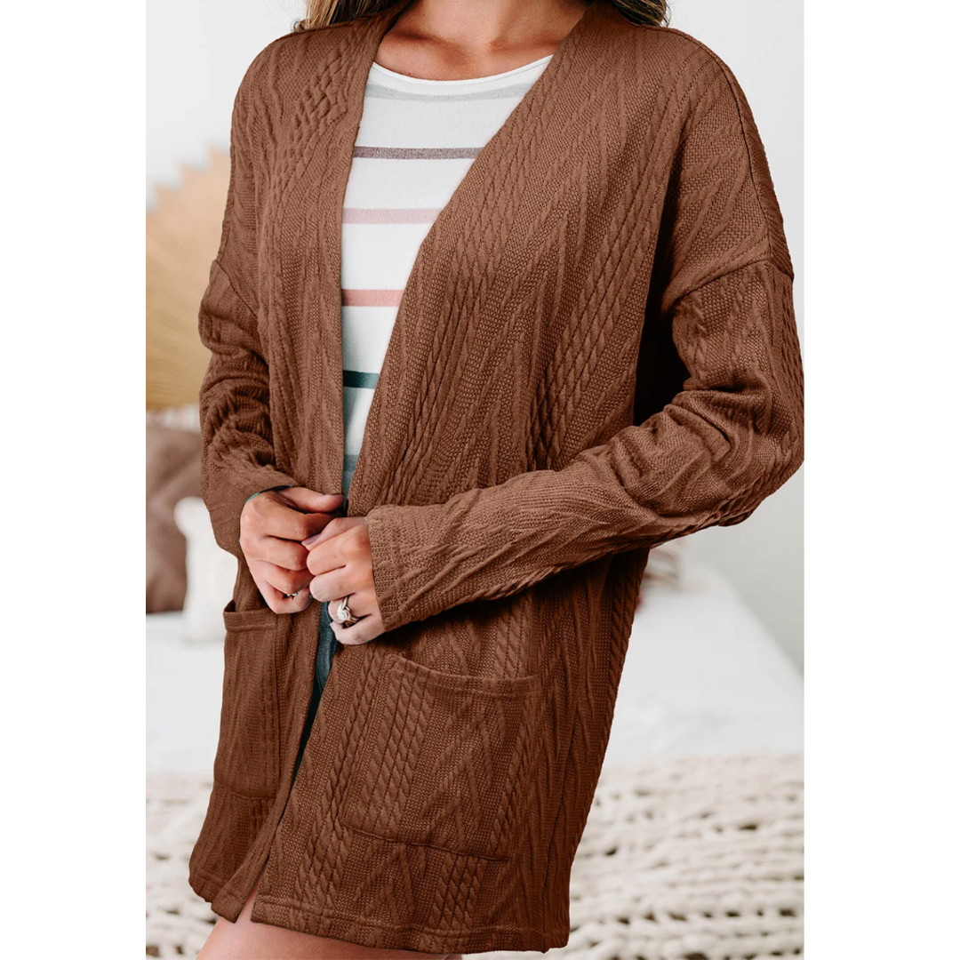 All Is Good, Long Sleeve Cable Knit Light Weight Cardigan with Pockets