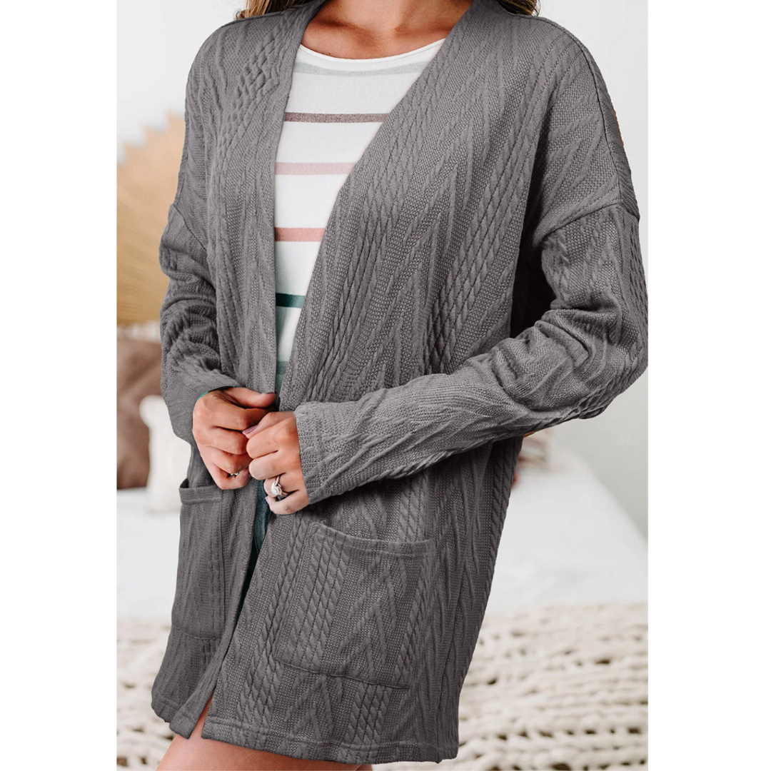 All Is Good, Long Sleeve Cable Knit Light Weight Cardigan with Pockets