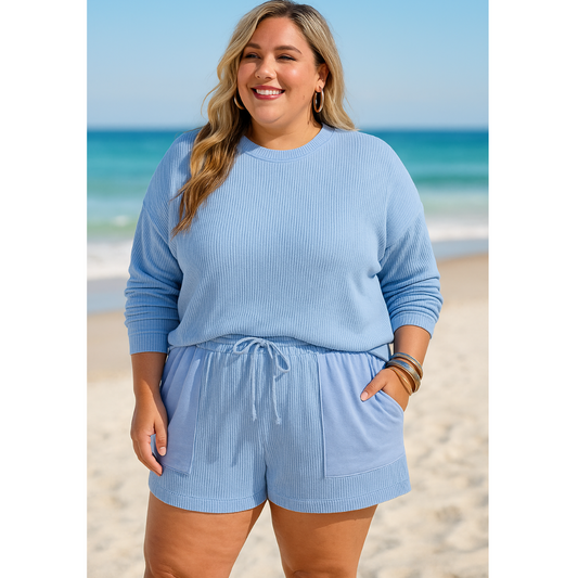 Just Another Day, Long Sleeve Short Set with Pockets (1X-3X)