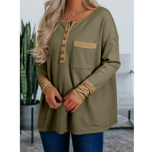 Buttoned Up Beauty, Long Sleeve Waffle Knit Top