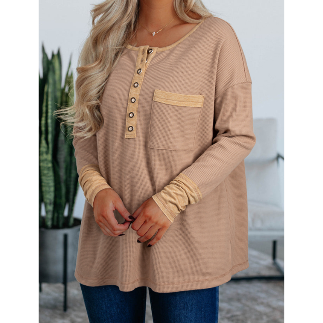 Buttoned Up Beauty, Long Sleeve Waffle Knit Top