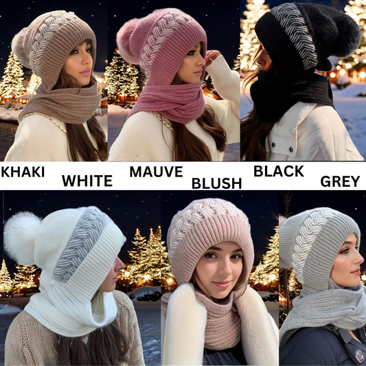 Sign Me Up, Knitted Beanie Hat with Ear Coverage and attached Scarf (Free Touch Gloves with Purchase)