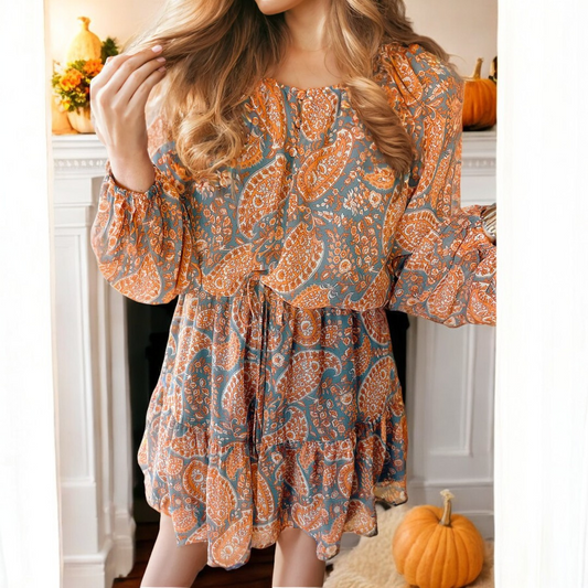 Finally Feeling It, Long Sleeve Ruffle Hem Paisley Dress