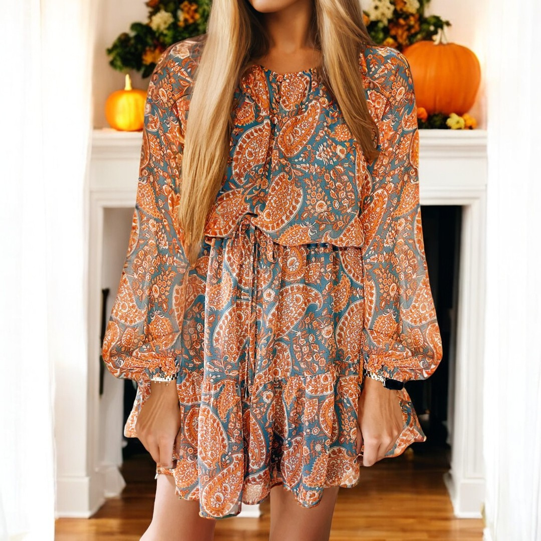 Finally Feeling It, Long Sleeve Ruffle Hem Paisley Dress