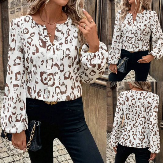 Aware Of My Fashion Style, Long Sleeve V Neck Leopard Blouse