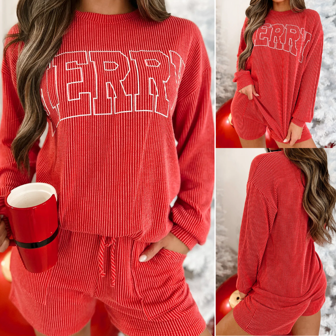 Merry All Day, Graphic Long Sleeve Short Set