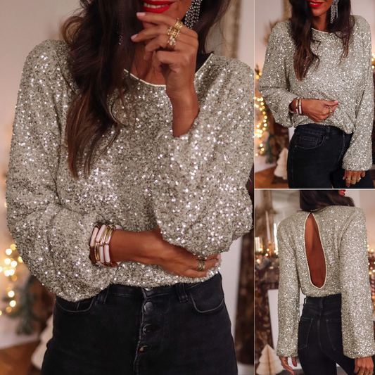 Under The Lights, Sequin Long Sleeve Open Back Blouse