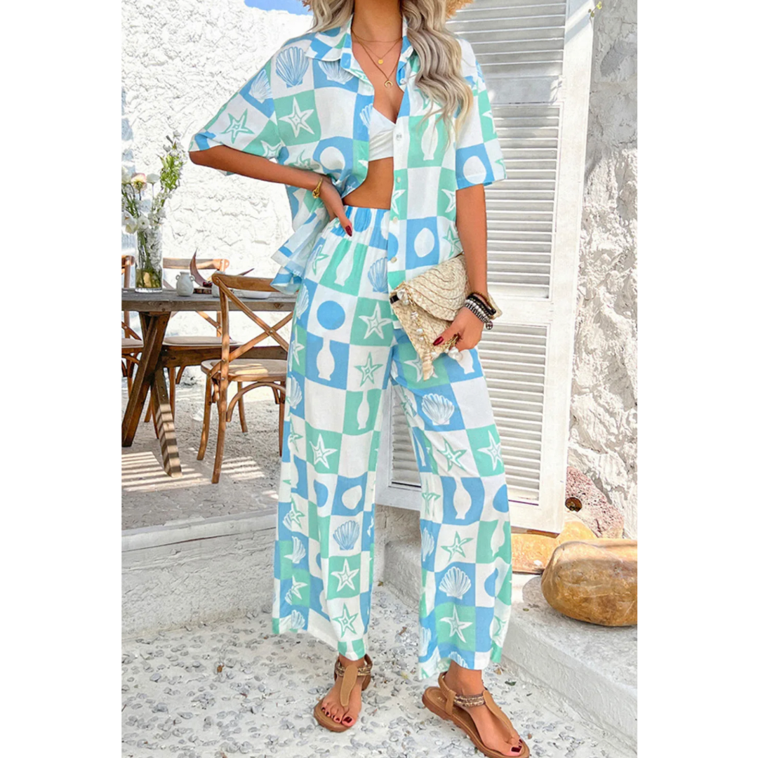 Full Vacation Mode, Short Sleeve Crop Pants Set