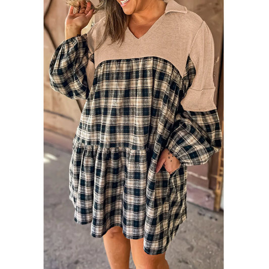 This is my town' Long Sleeve Plaid and Waffle Knit Dress