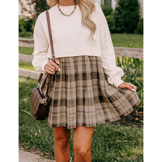 Everywhere You Go, Long Sleeve Plaid Colorblock Dress