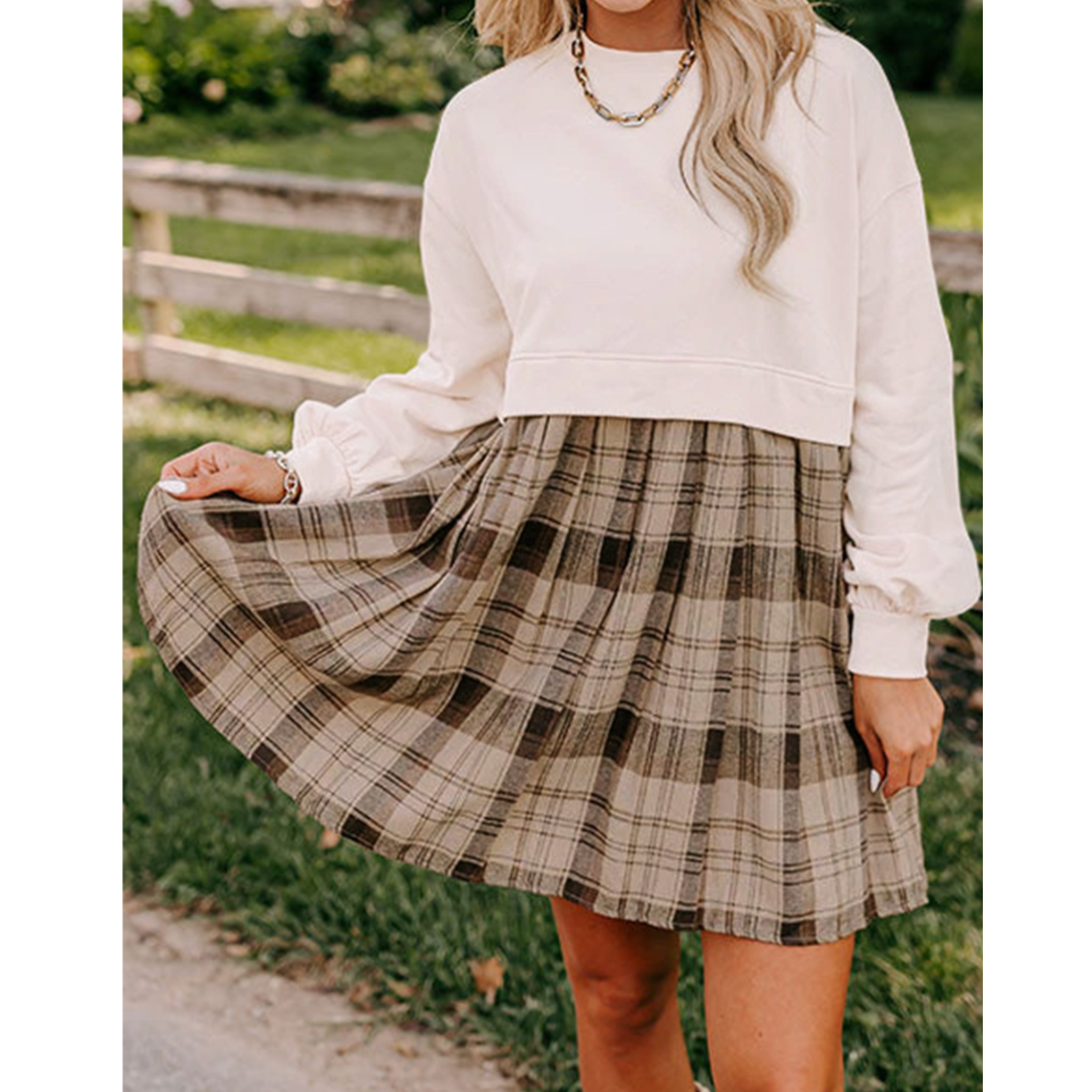 Everywhere You Go, Long Sleeve Plaid Colorblock Dress