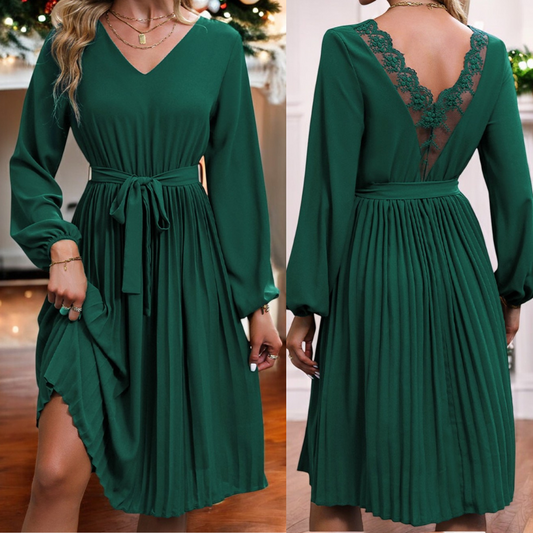 An Evening Out, Long Sleeve V Neck Pleated Holiday Dress