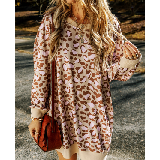 All You Need, Long Sleeve Relax Fit Leopard Sweatshirt Dress