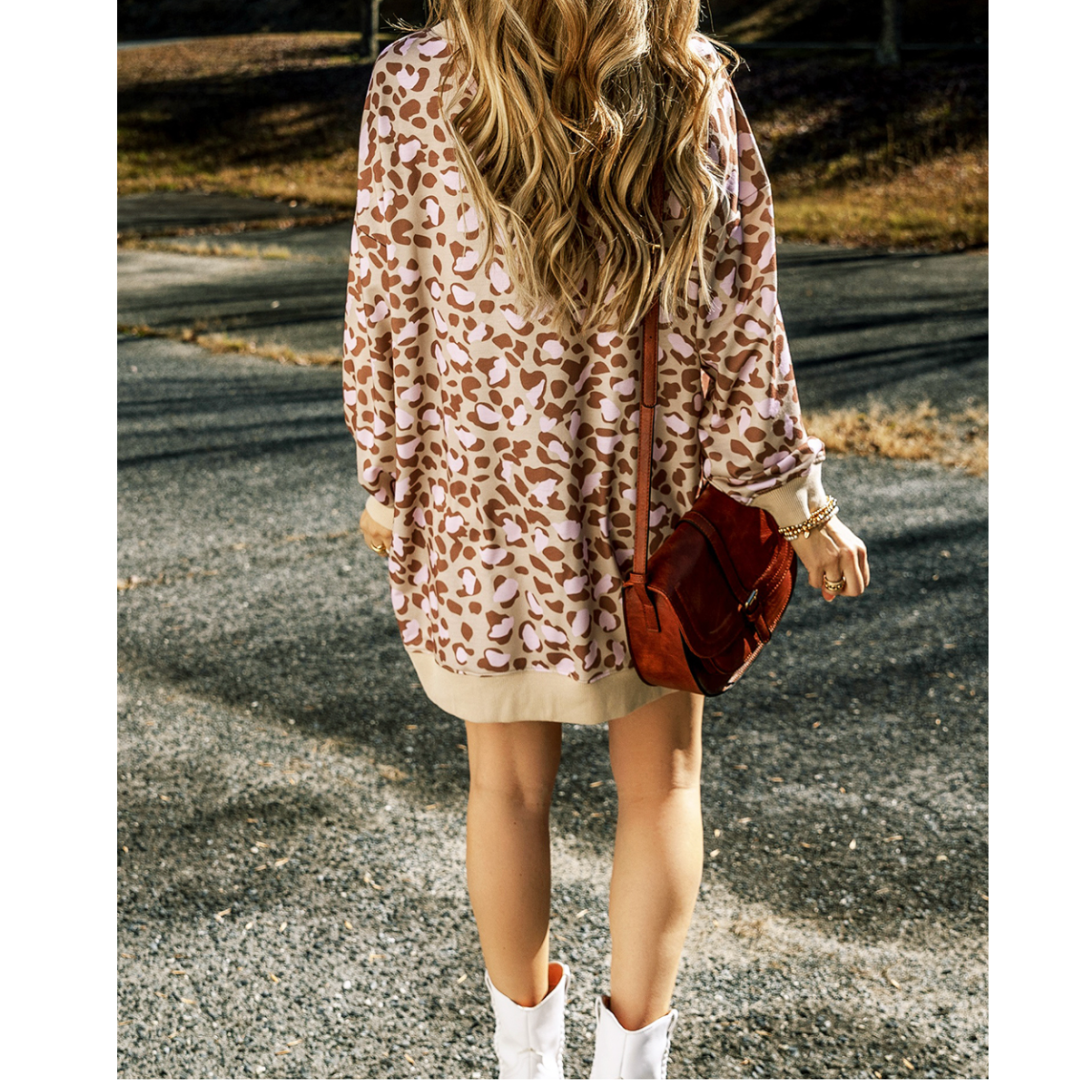 All You Need, Long Sleeve Relax Fit Leopard Sweatshirt Dress