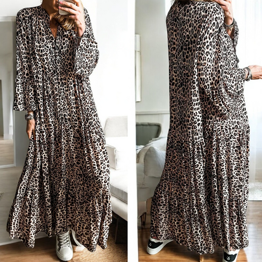 Catch The Fever, Long Sleeve Leopard Maxi Dress