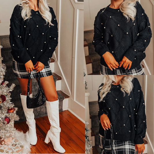 Boots and Pearls, Long Sleeve Pearl Accent Sweater