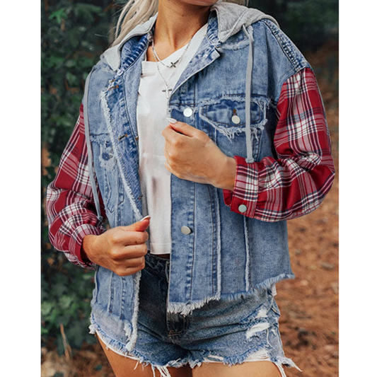 Making Promises, Long Sleeve Plaid Denim Jacket with Hoodie