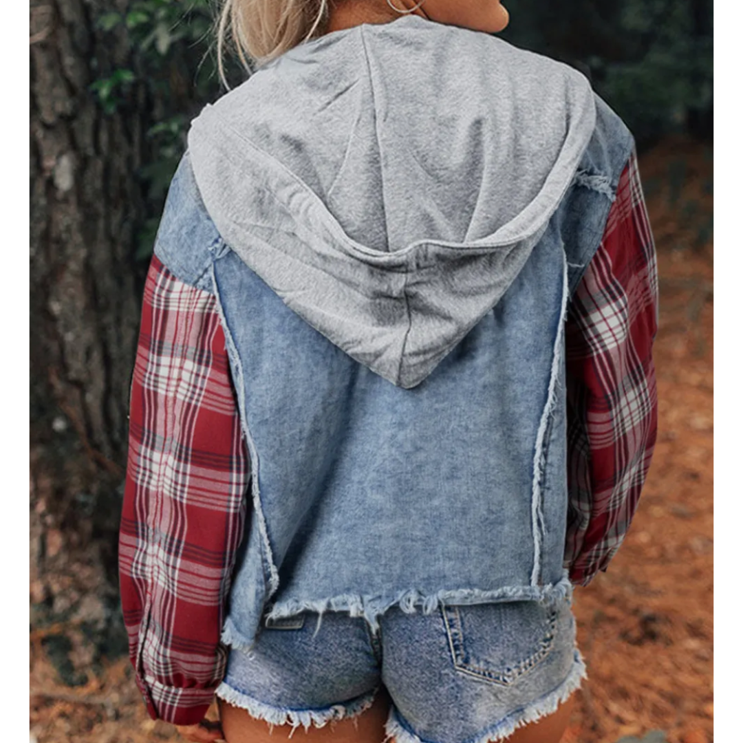 Making Promises, Long Sleeve Plaid Denim Jacket with Hoodie