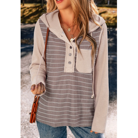 Sweet Caroline, Long Sleeve Stripped Henley Pullover with Hoodie