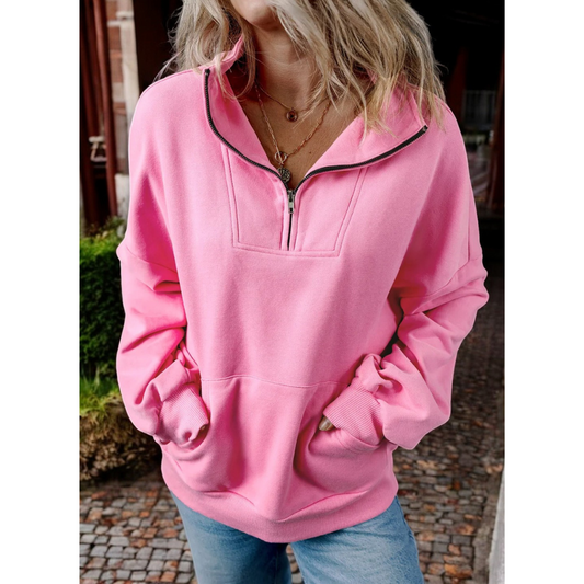 All The Facts, Oversize Long Sleeve Half Zip Pullover with Pockets