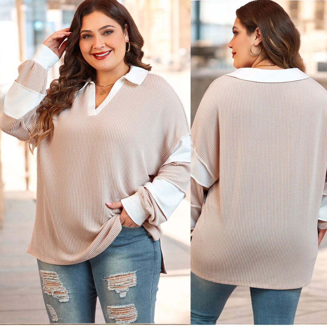 Bring On The Cool Weather, Long Sleeve V Neck Colorblock Top (1X-4X)