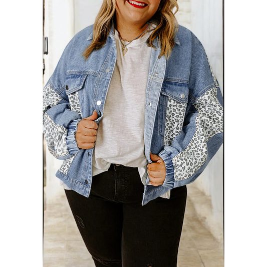 Get Fired Up, Long Sleeve Denim Leopard Jacket (1X-4X)